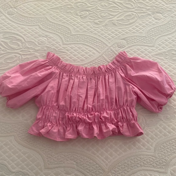 Puff sleeve ruched pink off shoulder crop top Sz S - Picture 7 of 7